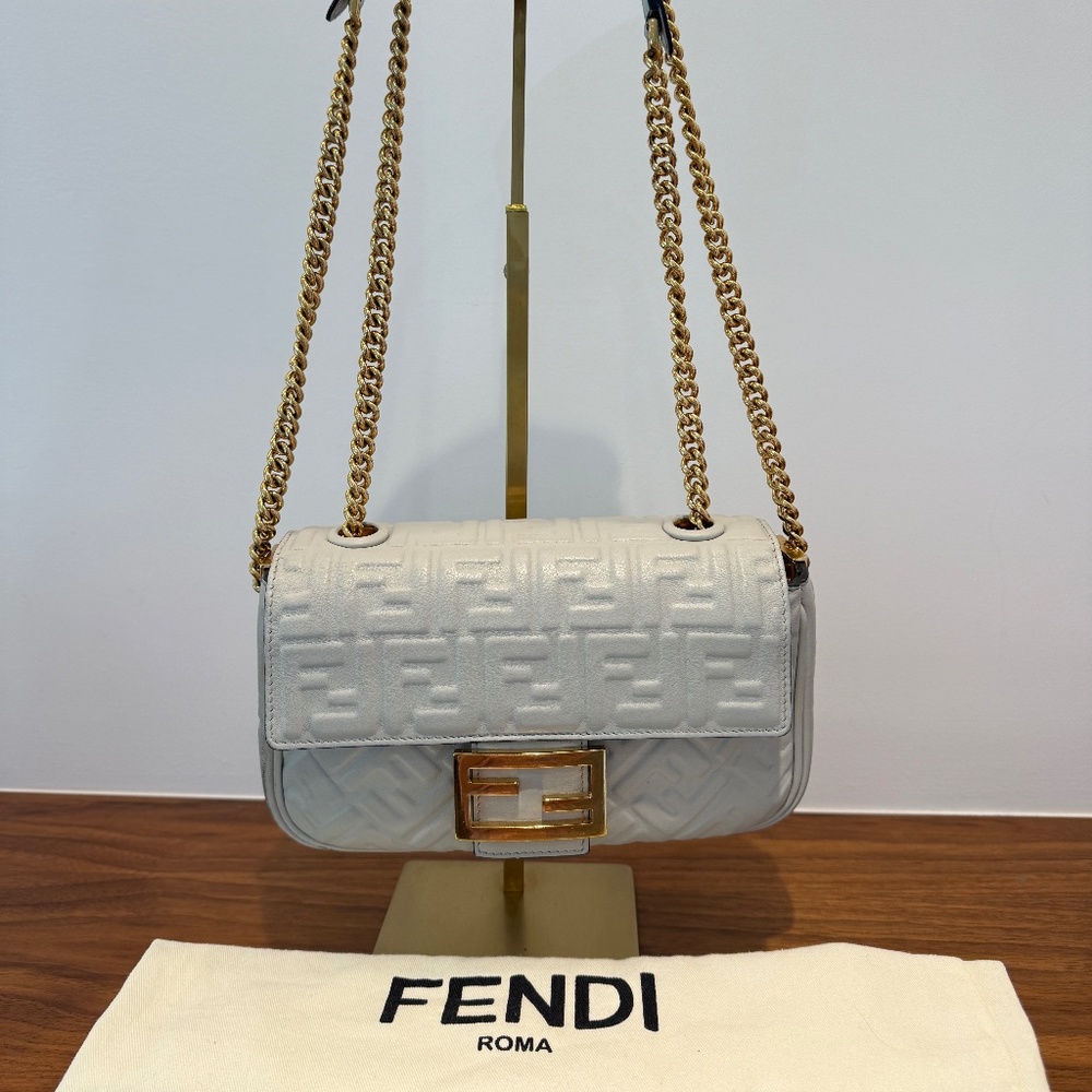 Fendi Midi Baguette In Grey Napa Leather with Gold Hardware